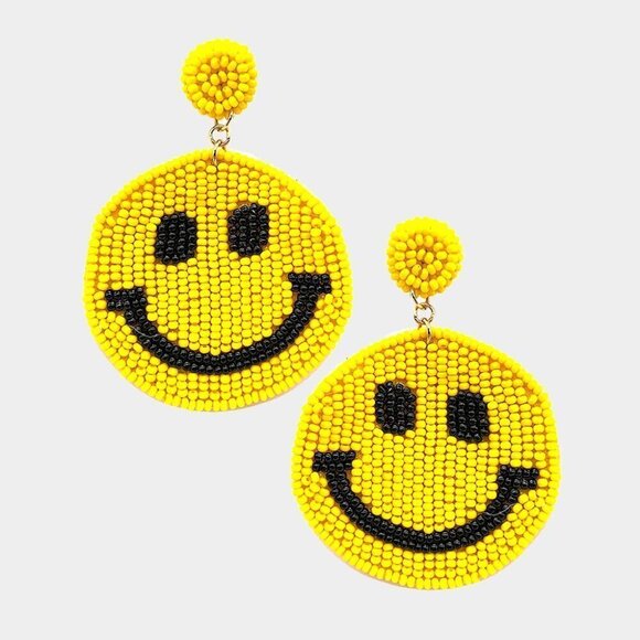 NWT Yellow‎ Black Seed Beaded Happy Face Smile Dangle Earrings - Picture 1 of 6